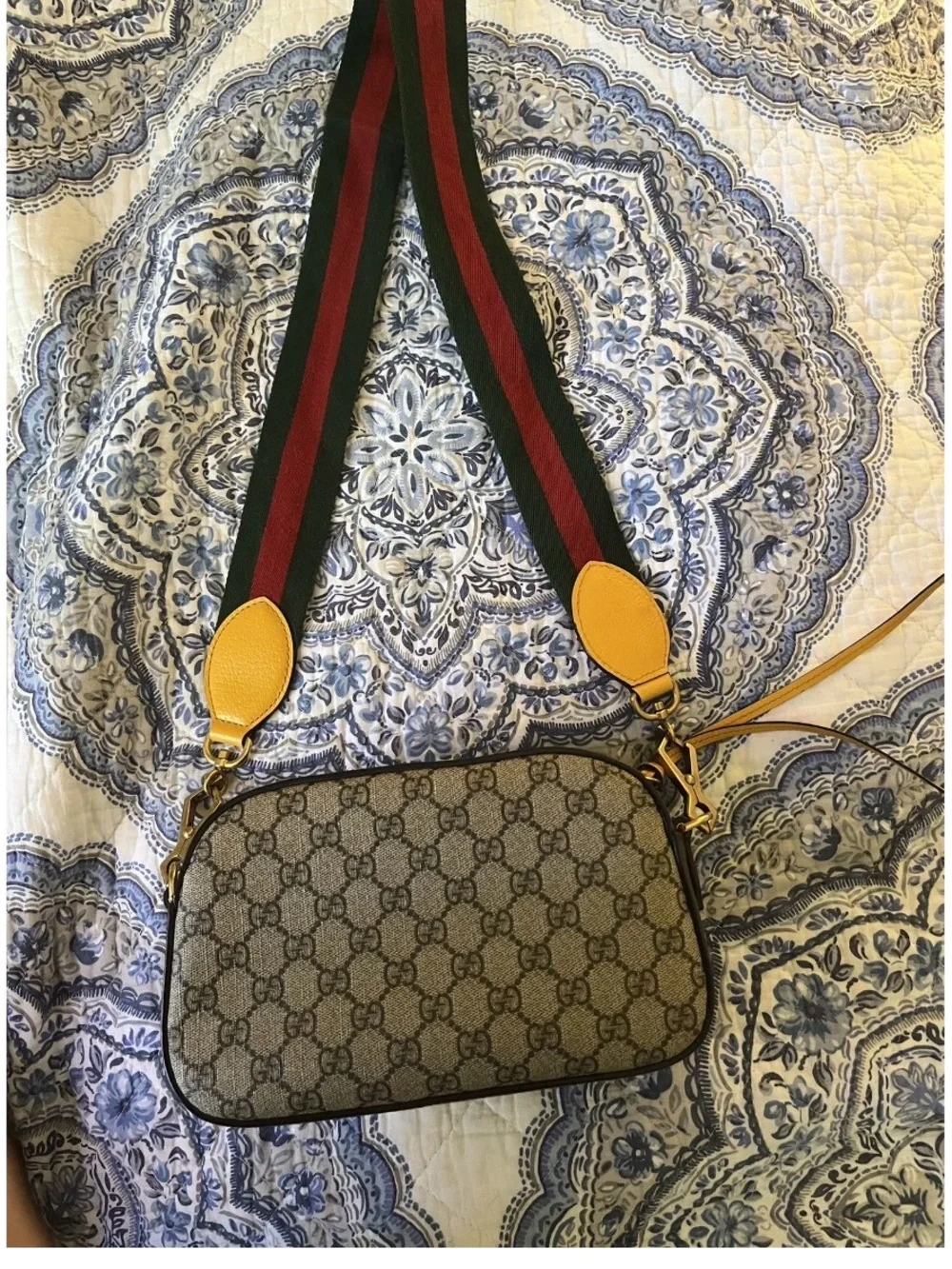 Gucci Beige Neo Vintage Supreme Leather Canvas Crossbody Bag with Striped Strap